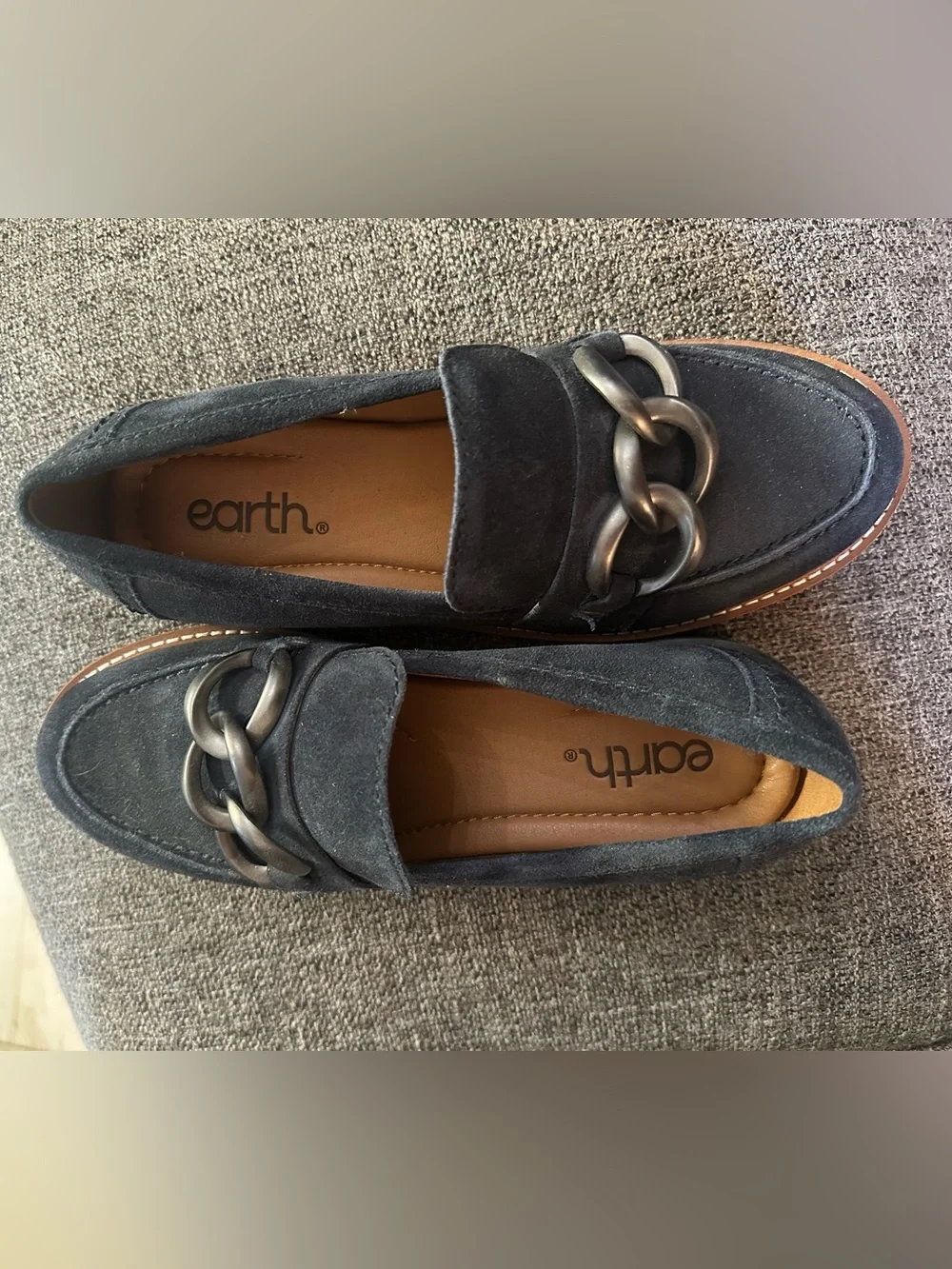 Earth Black Suede Loafers with Chunky Chain Accent
